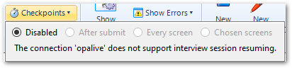 The Checkpoints drop-down window on the Interview tab in Oracle Policy Modeling showing that the connection doesn't support checkpoints