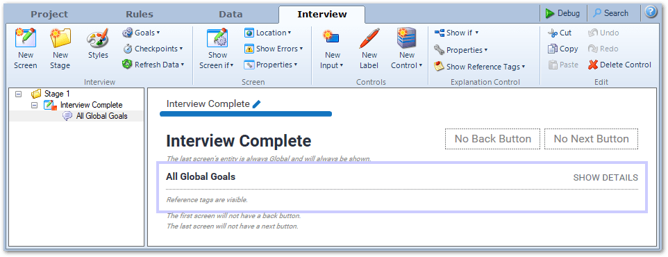 Final screen in an interview in Policy Modeling showing default explanation for all global goals