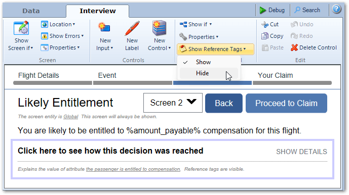 Interview tab in Oracle Policy Modeling showing the Hide reference tags option