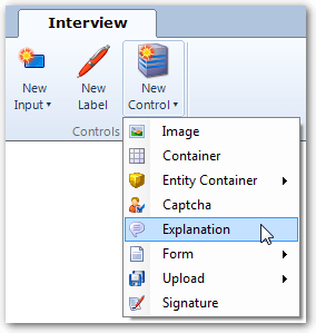 Image of the New Control drop-down menu on the Interview tab in Policy Modeling, showing the Explanation option selected