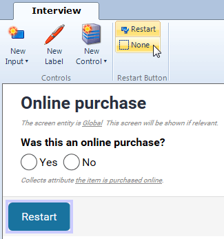 The Interview tab showing the selection of the None option for a Restart button.