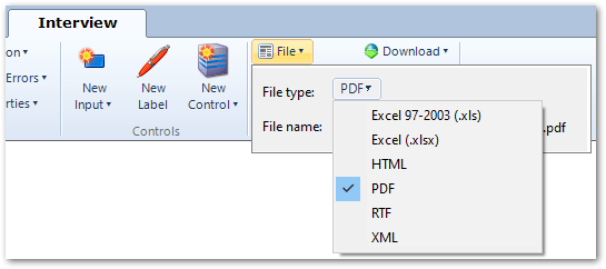Interview tab in Oracle Policy Modeling showing the PDF option selected for a form control