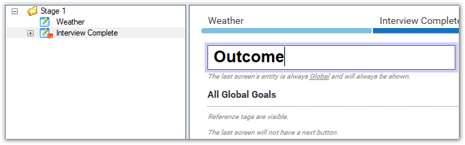 Image of a final interview screen in the screen layout view on the Policy Modeling Interview tab, showing a new screen name