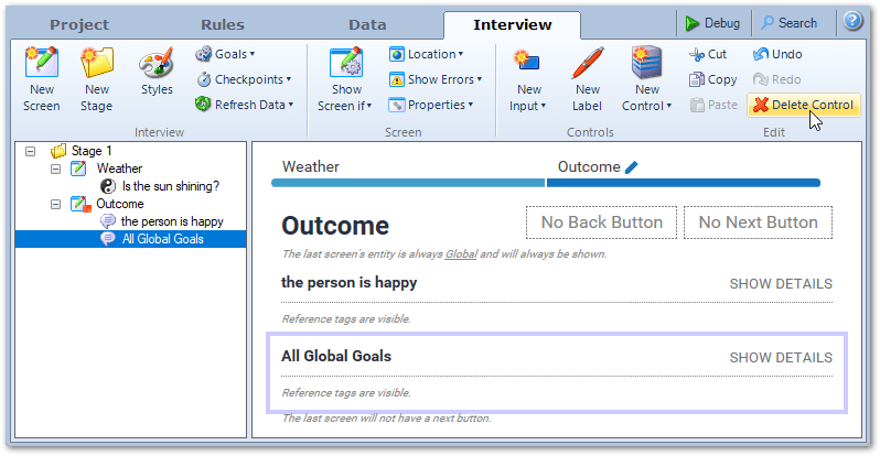 The Delete Control button with a control selected in the screen layout view