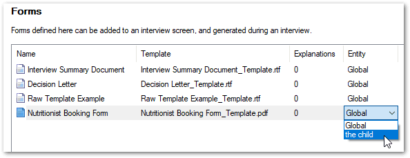 The Forms subtab of the Project tab in OPM showing a different entity being selected for a form