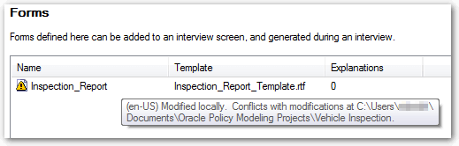 Image from a collaborative Policy Modeling project showing a conflicted item with Conflicted icon and tooltip showing conflicted folder location