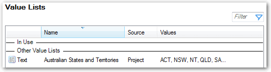 The Value Lists list showing the addition of a newly created value list