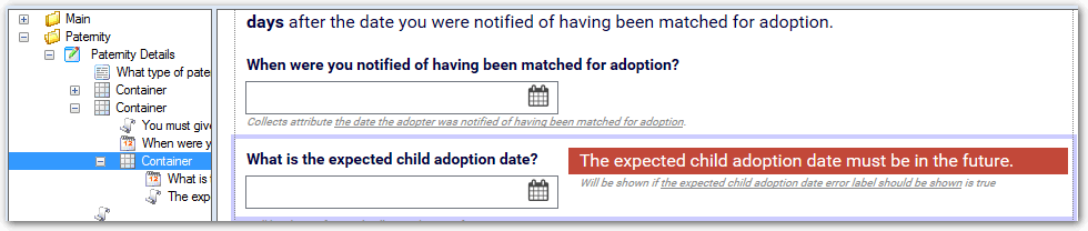 The screen layout view in Policy Modeling showing an error label in a container next to an input