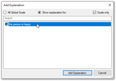 Image of the Add Explanation dialog box on the Interview tab in Policy Modeling, showing one goal available for selection
