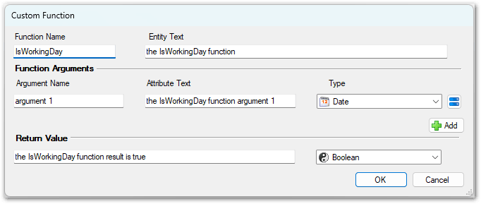 The Custom Function dialog in Policy Modeling showing an IsWorkingDay custom function definition