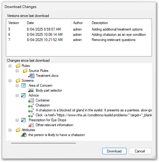 Download changes dialog box in Policy Modeling, showing changes made by other users to the project main version in the Repository on Intelligent Advisor Hub