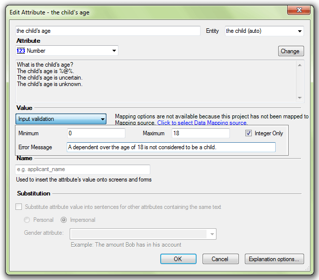 Edit Attribute dialog showing an input validation specified