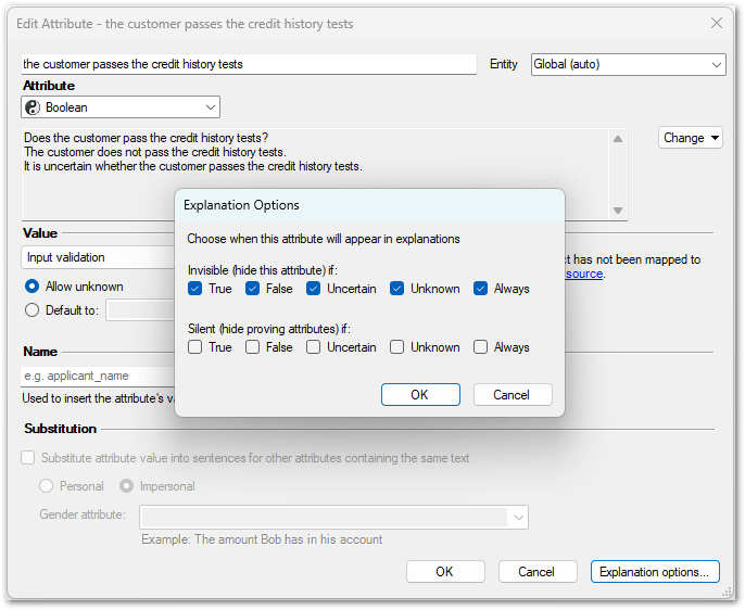 The Explanations Options dialog in Policy Modeling showing Invisible selected for the attribute