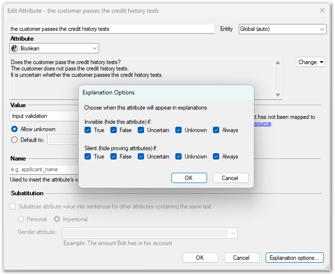 The Explanations Options dialog in Policy Modeling showing Invisible and Silent selected for the attribute