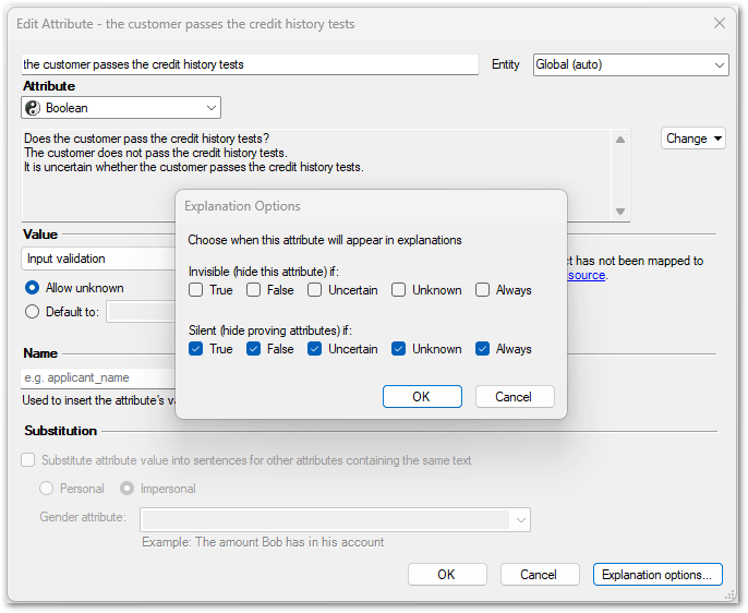 The Explanations Options dialog in Policy Modeling showing Silent selected for the attribute