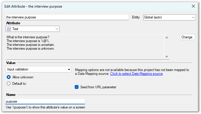 The Edit Attribute dialog showing the 'Seed from URL parameter' setting