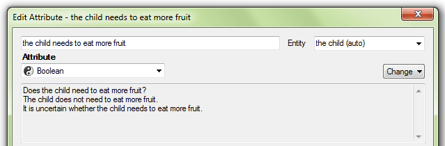 Edit Attribute dialog showing sentence forms for Boolean attributes: question form, negative form and uncertain form