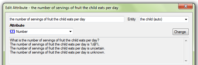 Edit Attribute dialog showing sentence forms for non-Boolean attributes: question form, statement form, uncertain form and unknown form.