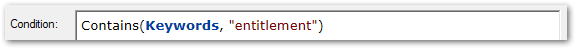 The Edit Entity dialog in Policy Modeling showing the use of the Contains function with a field in a condition