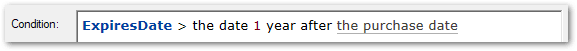 The Edit Entity dialog in Policy Modeling showing the use of a field with a date function in a condition