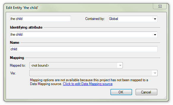 Edit Entity dialog box with Name 'child' added for the entity 'the child' in Oracle Policy Modeling
