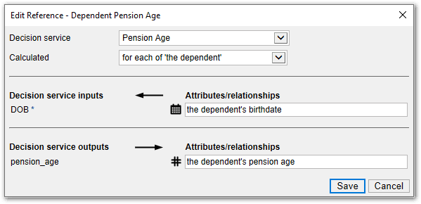 The Edit Reference dialog in Policy Modeling showing the mappings for a decision service calculating the dependent's age
