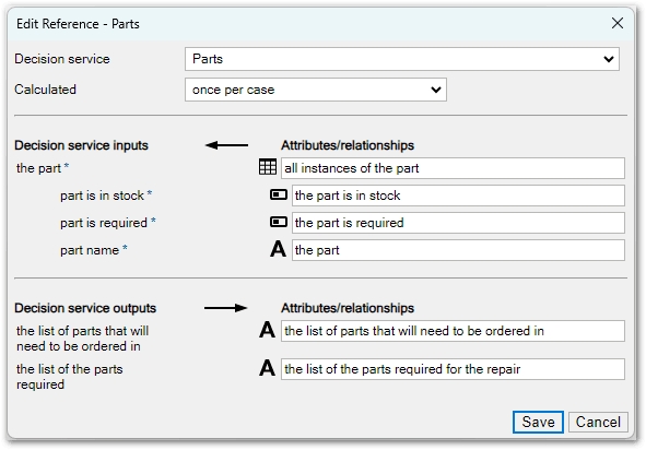 The Edit Reference dialog in Policy Modeling showing the mappings for the Parts decision service