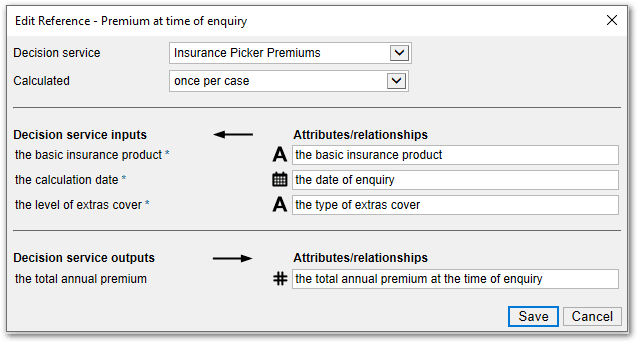 The Edit Reference dialog in Policy Modeling showing the mappings for the premium at time of enquiry