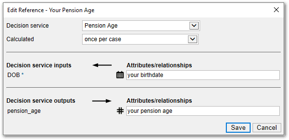 The Edit Reference dialog in Policy Modeling showing the mappings for a decision service calculating your pension age