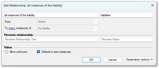 The Edit Relationship dialog in Policy Modeling showing a relationship that defaults to zero instances
