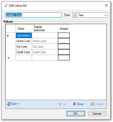 Image of the Edit value list dialog box accessible from the Value Lists subtab of the Project tab in Policy Modeling