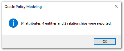 A message box showing how many attributes, entities and relationships have been exported.