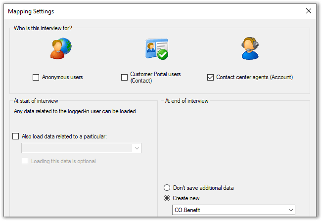Mapping Settings dialog in Oracle Policy Modeling showing Account option selected with option to create new Benefits selected