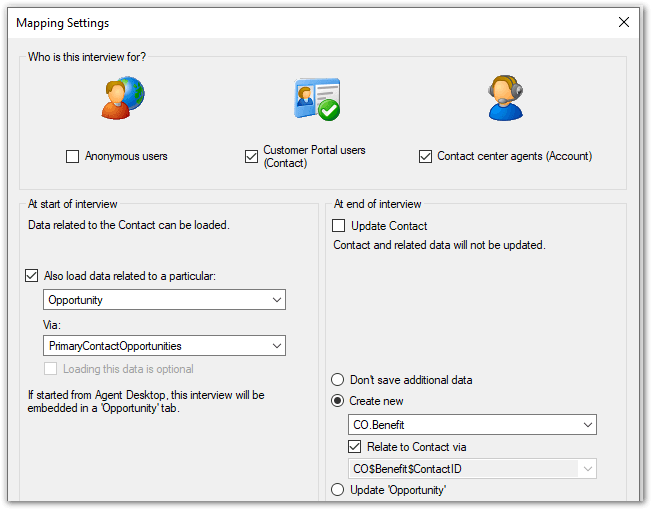 Mapping Settings dialog in Oracle Policy Modeling showing the Contact and Account options selected with Opportunity loaded and custom object saved