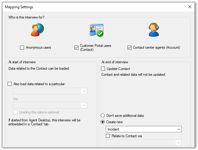 Mapping Settings dialog in Oracle Policy Modeling showing the Contact and Account options selected with Create new Incident option selected