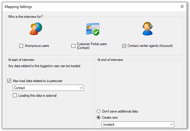 Mapping Settings dialog in Oracle Policy Modeling showing Account option selected with Create new Incident option selected