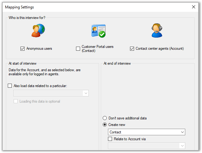 Mapping Settings dialog in Oracle Policy Modeling showing Anonymous and Account options selected with Create New Task option selected