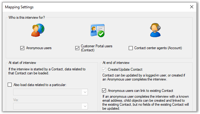 Mapping Settings dialog in Oracle Policy Modeling showing Anonymous and Contact options selected as well as the option for anonymous users to link to Contact