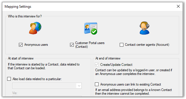 Mapping Settings dialog in Oracle Policy Modeling showing Anonymous and Contact options selected