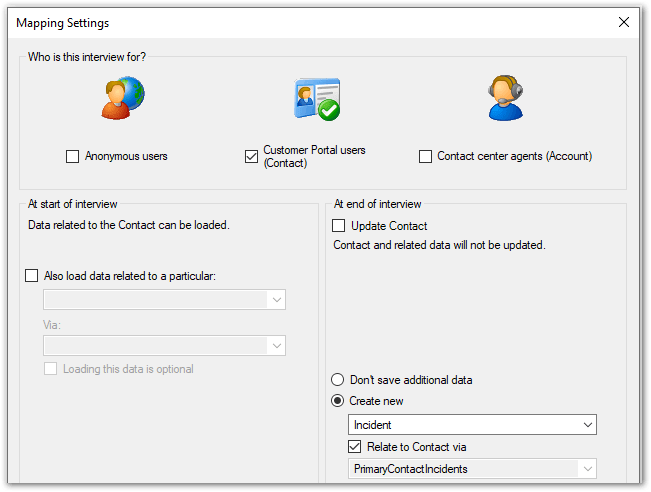 Mapping Settings dialog in Oracle Policy Modeling showing Contact option selected with Create new Incident option selected