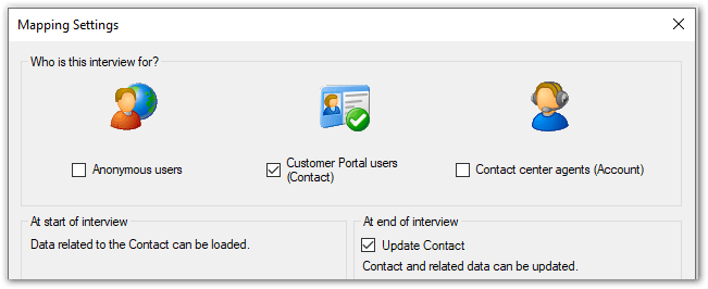 Mapping Settings dialog in Oracle Policy Modeling showing Contact option selected with Update Contact option selected