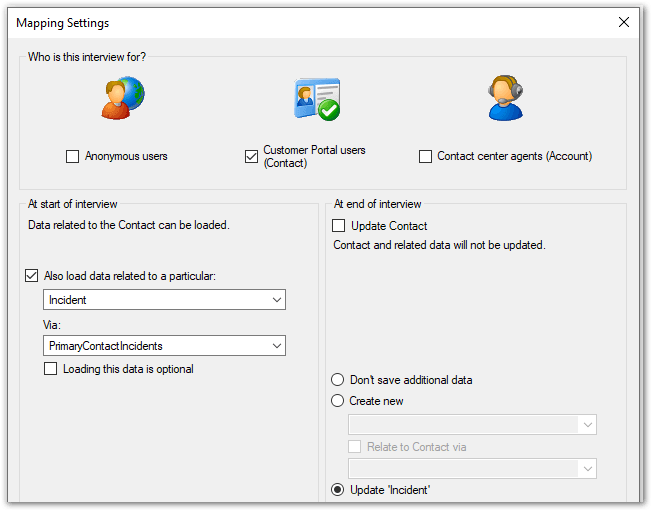 Mapping Settings dialog in Oracle Policy Modeling showing Contact option selected with Incident and PrimaryContactIncidents options and Update Incident option selected