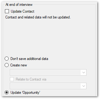 Mapping Settings dialog in Oracle Policy Modeling showing option to update record at end of interview