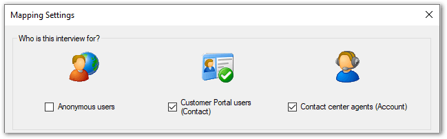 Mapping Settings dialog in Oracle Policy Modeling showing "Who is this interview for" options