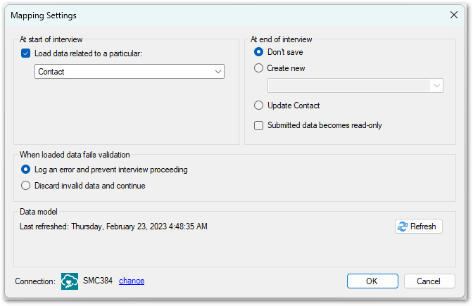 Mapping Settings dialog in Oracle Policy Modeling showing load data for Contact