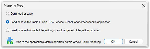 The Mapping Type dialog in OPM showing the Load or save to Oracle Fusion, B2C Service, Siebel or another specific application option selected