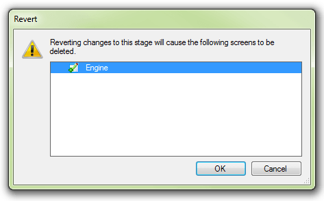 Image of the Revert warning dialog box in Policy Modeling, showing changes to a project which will be undone by reverting modifications to an item