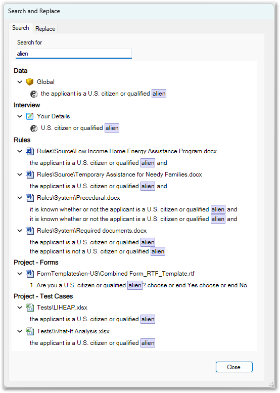 Search results in Oracle Policy Modeling showing everywhere in the project where the search term is used