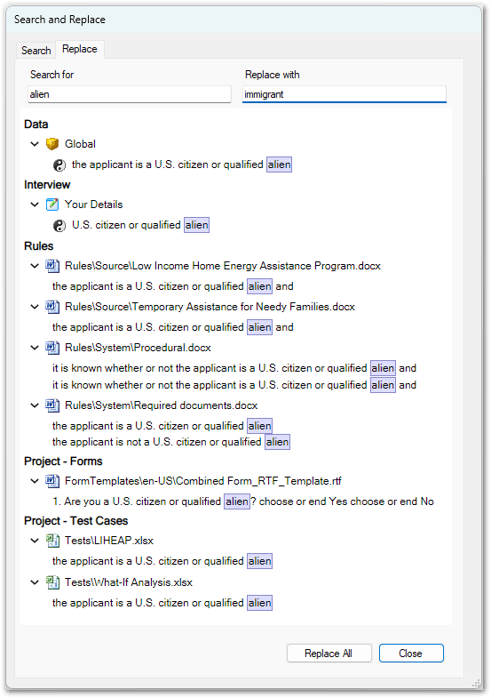 The Replace with field in Oracle Policy Modeling showing everywhere in the project that the search term is used and will be replaced