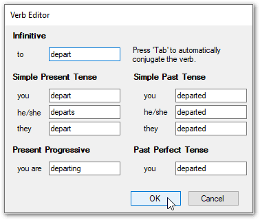 The Verb Editor in Oracle Policy Modeling showing a new verb which has been conjugated